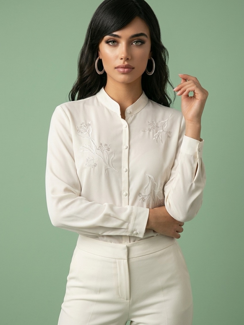 Laura Scott Ivory Embroidered Mandarin-Collar Button-Down Blouse